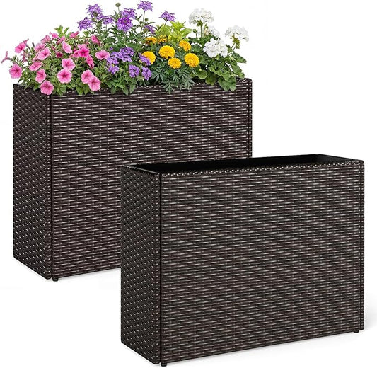 Giantex Set of 2 Wicker Raised Garden Bed, 32”x11”x24”, Rectangular Garden Planter Box w/PE Rattan, Liner Fabric, Wicker Patio Elevated Raised Bed for Vegetable Flower Herb Porch Balcony