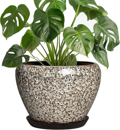 Ceramic Plant Pots - 8 Inch Planters for Indoor Outdoor Plants, Decorative Pots for Plants with Drainage Hole and Saucer, Modern Flower Pot, Room Decor, Plant Lover Gifts, White Leopard