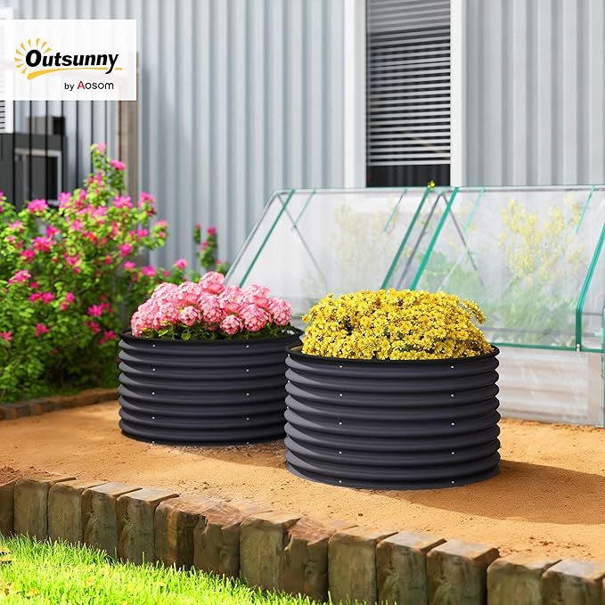 Outsunny Galvanized Raised Garden Bed Set of 2, Planters for Outdoor Plants with Safety Edging, Easy-to-Assemble Stock Tanks for Growing Flowers, Herbs and Vegetables, 3' x 3' x 2', Dark Gray