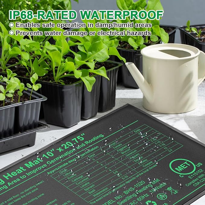 Seedling Heat Mat with Built-in Temperature Controller, 10" x 20.75" Waterproof Plant Heating Pad with Thermostat for Indoor Seed Starting Germination Hydroponics