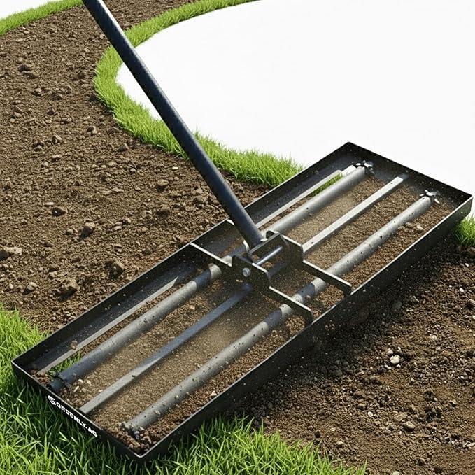 30" Heavy Duty Lawn Leveling Rake, 6.5FT Soil Leveler Tool, with 4 Spiked Wheels & Smooth Roller, Landscaping and Restoration Soil Sand Dirt Surfaces, for Garden Yard Farm Golf Course