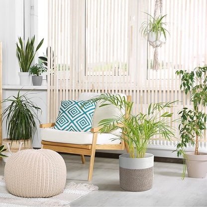 Plant Basket with Stand Indoor Planter Pot Holder Sturdy Jute Rope Modern Woven Basket, Cotton Rope Woven Pot with Bamboo Stand(White and Brown,10 Inch)