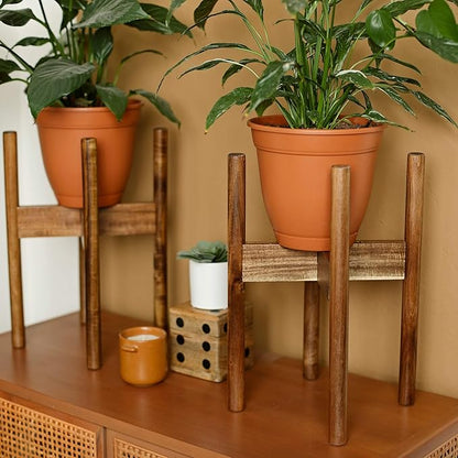 Acacia Hardwood Adjustable Plant Stand Indoor, Planter Stand Pot, Mid Century Modern Planter Holder for Indoor Plants, Outdoor Pedestal fits 8 9 10 11 12 Inches Pots, Wooden Pedestal Only