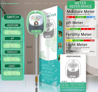 HSLGOVE 4-in-1 Soil Test Kit – Soil Moisture Meter, pH, Fertility & Sun-Light, No Battery Required, Large Dial Soil Tester for Indoor & Outdoor Gardening, Lawn, Farm –Tea Green