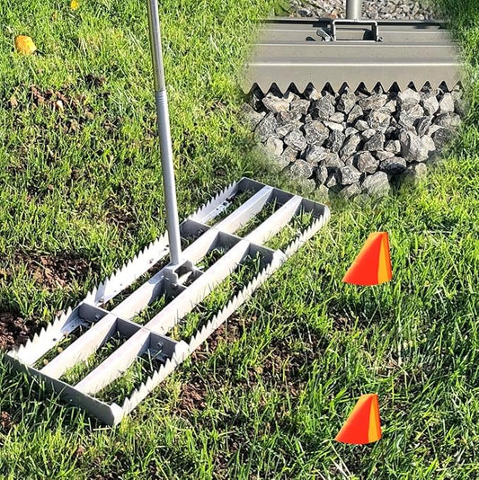 Lawn Leveling Rake, 2-in-1 Double Side can Switch, with 20pc Marking Flags to Mark Low Spot, Stainless + Powder-Coat, FLAT Level Soil/Dirt/Compost on Lawn, SERRATED Rake Dead Grass/Ruts/Gravel on Yard