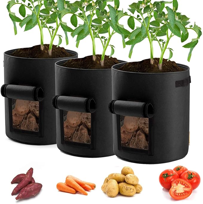 Potato Planter Bags 3-Pack 7 Gallons Grow Bags Aeration Tomato Plant Pots with Flap and Handles (Black)