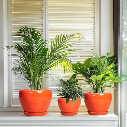 Ceramic Planter - 10 Inch 8 Inch 6 Inch Plant Pot with Drainage Holes and Saucers, Round Planters for Indoor Outdoor, Modern Flower Pots, House Garden Room Decor, Gardening Gifts, Orange