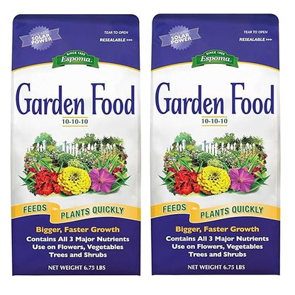 Espoma 10-10-10 Garden Food, 6.75-Pound Bag; Promotes Growth in All Flowering Plants, Trees, Shrubs, and Vegetables. Granular for Easy Application. Pack of Two.