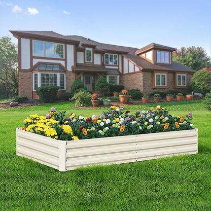 Raised Garden Bed Beige, 6x3x1ft Galvanized Raised Garden Bed Outdoor Metal for Gardening Vegetables Flower Garden Planter Box Large Raised Bed with Gloves and 3ftx30ft Weed Barrier Fabric