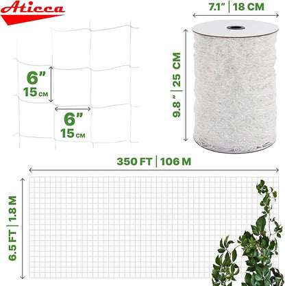 Trellis Netting 6.5 x 350 ft Heavy Duty Polyester Plant Support Netting White - 6 Inch Garden Rope Trellis on Roll - Mesh Twine for Growing Vine Climbing Plants, Flowers, Peas, and Tomatoes.