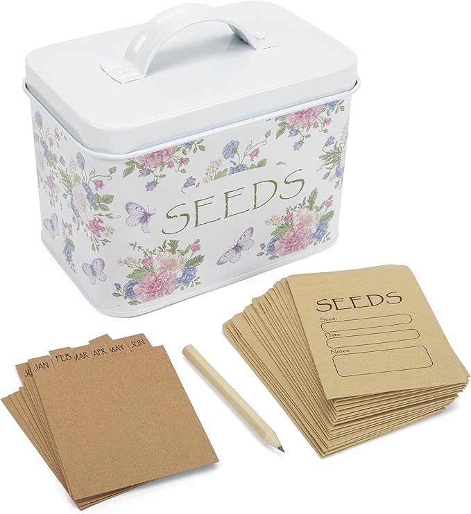 Katai – Seed Storage Box – Durable Metal Organizer for Gardeners with Lid, Monthly Dividers, 20 Envelopes & Pencil – Compact Floral Seed Packet Box