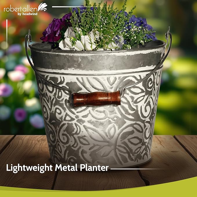 Headwind Vintage Collection - Floral Galvanazied White Wash Planter with Handles – 8 Inch Medium Flower Pots Decorative Plant Indoor – Plant Pots Indoor with Drainage by Robert Allen