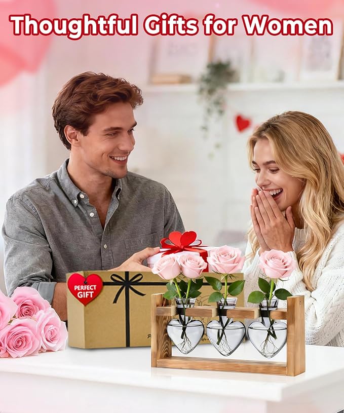 Nacome Plant Terrarium Propagation Stations: Birthday Gifts for Plant Lovers Women Mom Wife Daughter - 3 Bulb Glass Vase with Wooden Stand Tabletop for Hydroponics Home Garden Decor(Gray)