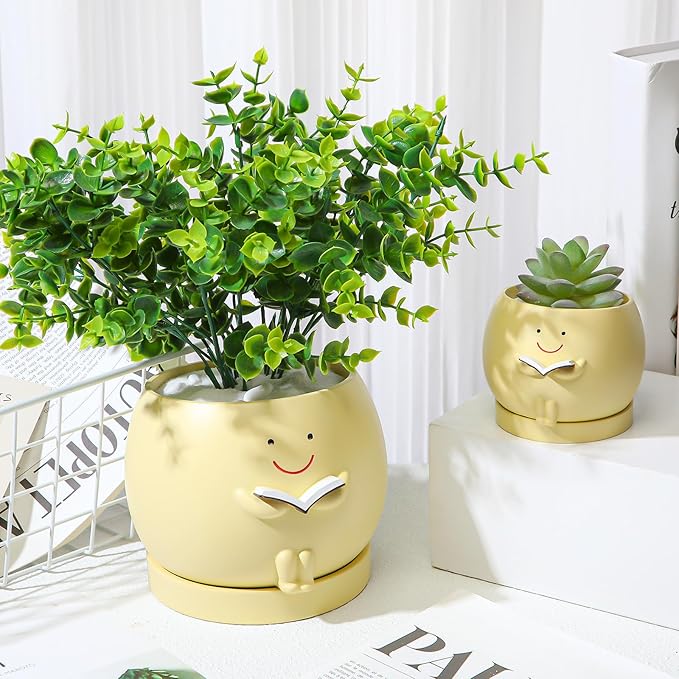 2 Pcs Smile Face Planters Pots with Drainage Hole, 6'' Head Planters 3.6'' Cute Resin Flower Pot for Indoor Plants, Succulent Pots for Plant Lover Gift(Book)