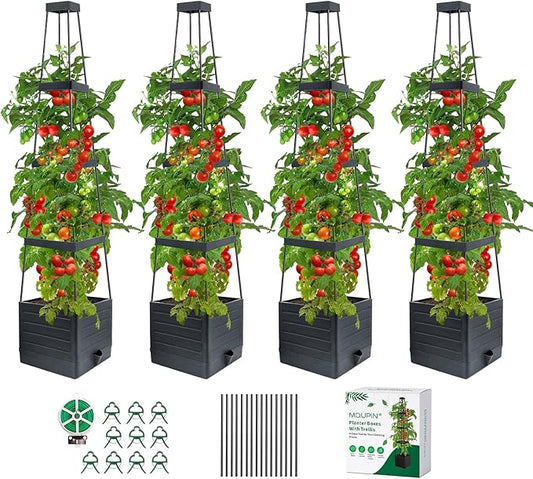 MQUPIN Tomato Planter Box with Trellis for Garden, 57 Inch Self-Watering Raised Garden Bed, Patio Tomato Cage for Climbing Vegetables & Flowers, Upgraded Tomato Pot for Indoor Outdoor Use (4 Pack)