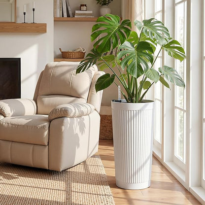 Set of 2 Tall Self-Watering Planters, 24" Large Planters with Water Level Indicator for Indoor & Outdoor Plants, Modern Planters for Garden, Patio, Balcony, Porch, White