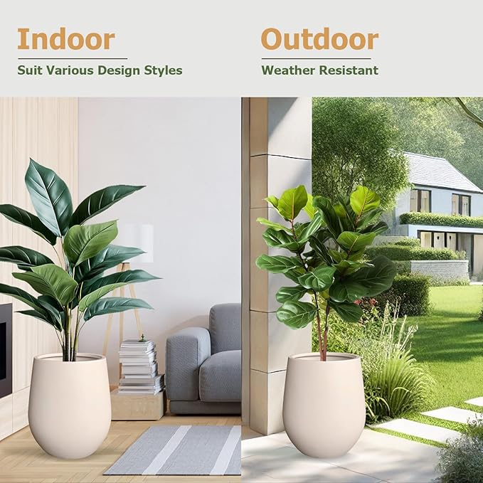 21"H x 19"D Corso Fiberstone Round Tapered Planter with Drainage Hole, Smooth Finishes, Weather Resistant for Indoor & Outdoor Use, Included 2 Extra Coco Mats (Kilim Beige, 15" Pot Opening)