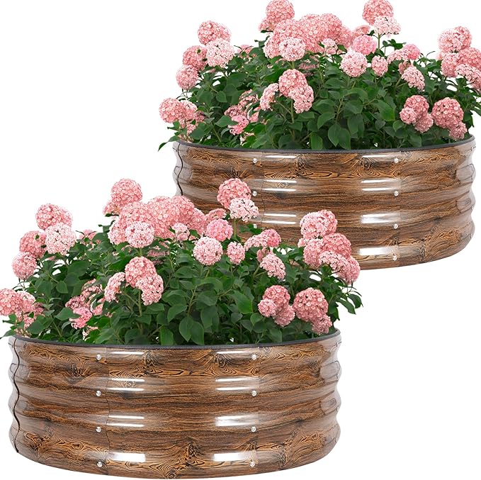 Galvanized Raised Garden Bed- 2Pcs Metal Planter Boxes Outdoor | 12" Tall 36" Round Steel Raised Bed Kit & Fire Pit Ring for Gardening with Protective Tape for Vegetables (Wood Grain)