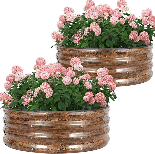 Galvanized Raised Garden Bed- 2Pcs Metal Planter Boxes Outdoor | 12" Tall 36" Round Steel Raised Bed Kit & Fire Pit Ring for Gardening with Protective Tape for Vegetables (Wood Grain)