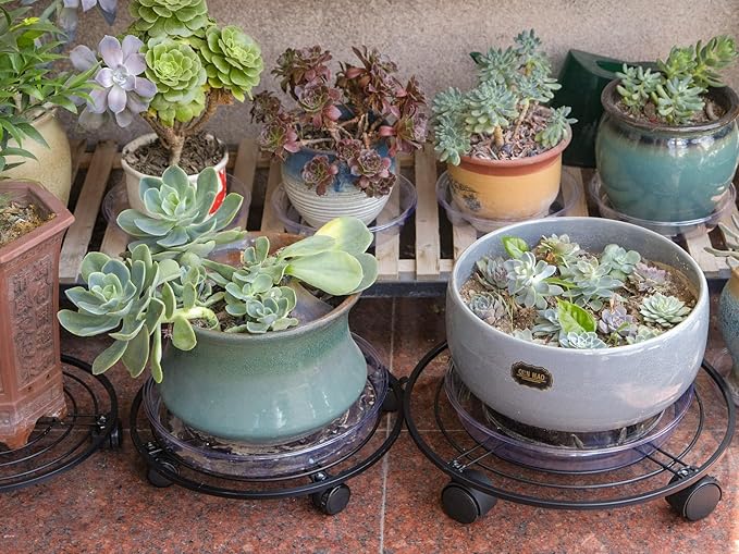 12" Metal Plant Caddy with Wheels 3 Packs Large Rolling Plant Stands Indoor Wheeled Plant Dolly Heavy-duty Planter Mover Roller Base Outdoor Plant Trolley Cart Water-proof, Plant Saucers on Wheels