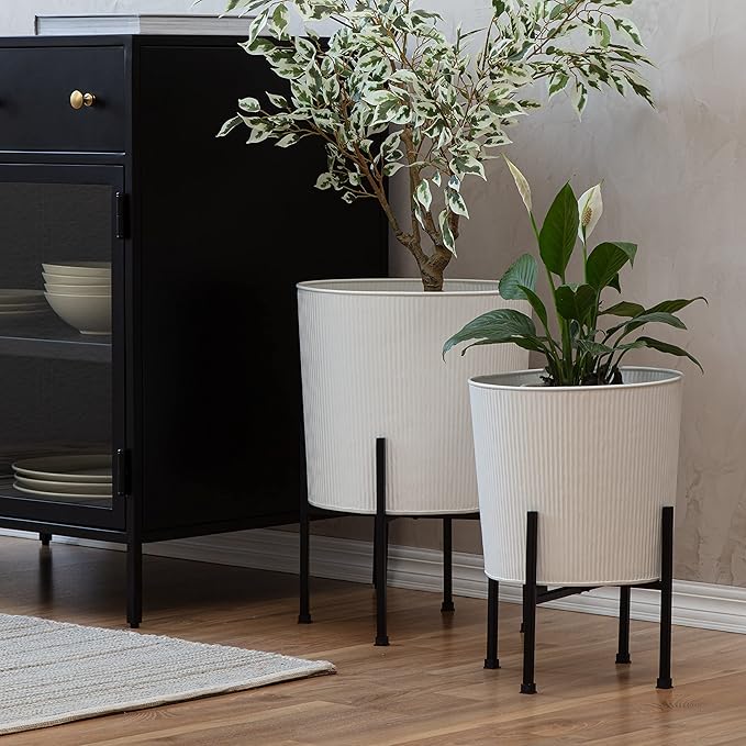 Metal Planters with Stand - Set of 2, White (PL-WHT-SET-3003)