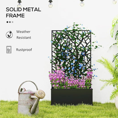 Outsunny Metal Raised Garden Bed with Trellis for Climbing Plants, Freestanding or Wall Mounted Flower Bed with Privacy Panel, Two Big Tree Cut-Outs Outdoor Planter Box for Garden, Patio, Balcony