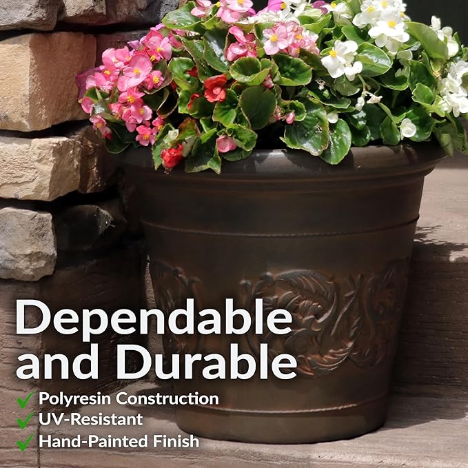 Sunnydaze 16-Inch Arabella Large Plastic Pot for Plants - Outdoor Double-Walled Polyresin Large Plastic Planter with Drillable Drainage Holes - Rust - 4-Pack
