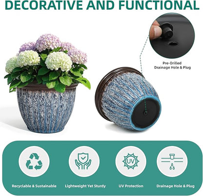15" D Large Flower Pots, 2-Pack Big Planters for Indoor Outdoor Plants, UV-Protect PP Container for Garden Patio Yard Balcony Porch or Home Decor, Artistic Floating Blue & Brown Glaze