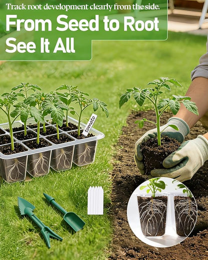 joyhalo 10 Packs Seed Starter Tray with Extra-Tall Humidity Dome 120 Cells Total, Thicken Seed Starter Kit, Greenhouse Germination Kit, Indoor Gardening Plant Trays for Seeds Growing