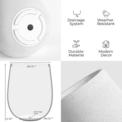 Worth Garden White Large Round Planter, 9" Dia x 13" H Lightweight Magnesium Oxide Cement Plant Pot with a Striped Textured Finish, Raised Pattern Concrete Look, Drainage Hole, Indoor & Outdoor Use