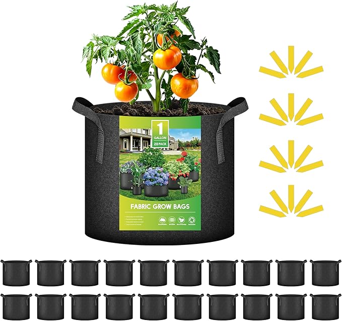 iPower 20 Pack 1 Gallon Grow Bags 300G Thickened Sturdy Plant Fabric Pots with 20 Labels and Handles, Aeration Garden Cloth Planter Bag for Outdoor Fruits, Vegetables and Flowers