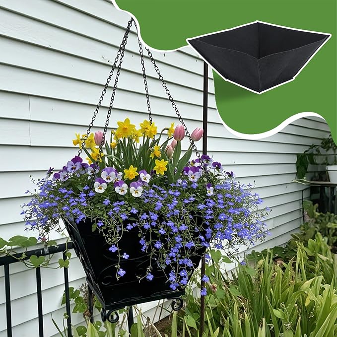 4 Pcs 14inch Fabric Square Hanging Basket Liners Black Square Breathable Felt Replacement Liners Durable Felt Liner for Wall Hanging Flower Basket and Garden Flower Pot