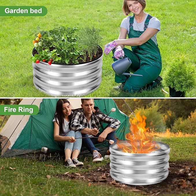 Galvanized Raised Garden Bed- 2Pcs Metal Planter Boxes Outdoor | 12" Tall 24" Round Steel Raised Bed Kit & Fire Pit Ring for Gardening with Protective Tape for Vegetables, Flower (Sliver)