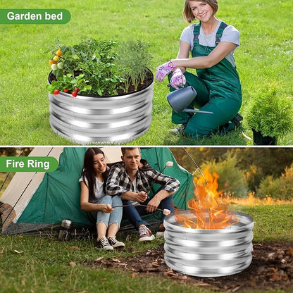 Galvanized Raised Garden Bed- 2Pcs Metal Planter Boxes Outdoor | 12" Tall 24" Round Steel Raised Bed Kit & Fire Pit Ring for Gardening with Protective Tape for Vegetables, Flower (Sliver)