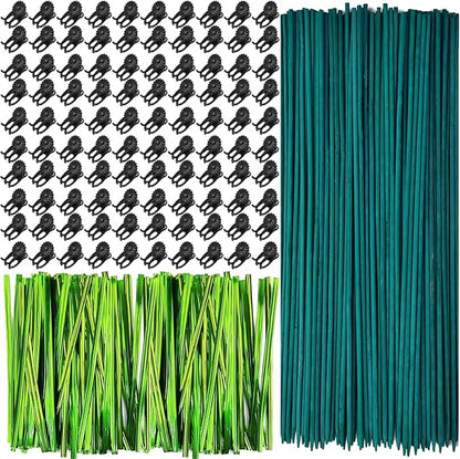 RONYOUNG 100 Pieces Green Bamboo Plant Stakes with 100 Pieces Orchid Clips and 100 Metallic Twist Ties for Supporting Stems Vines Stalks Grow Upright