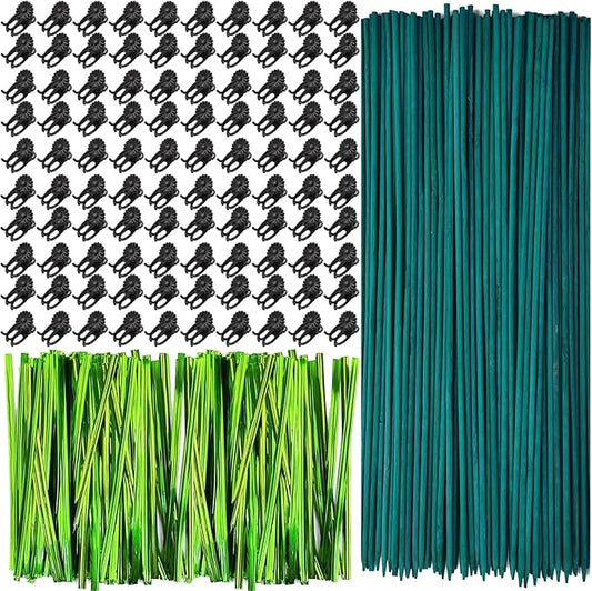 RONYOUNG 100 Pieces Green Bamboo Plant Stakes with 100 Pieces Orchid Clips and 100 Metallic Twist Ties for Supporting Stems Vines Stalks Grow Upright