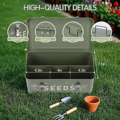 Seed Storage Organizer, Seed Saving Box with Lid, Metal Seed Bin Seed Packet Container with 50 Seed Envelopes 60 Transparent Bottles 1 Funnel 1 Marker Pen 4 Compartments Box with Locks, Green