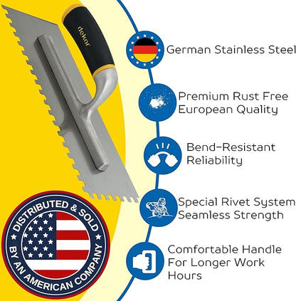 DEKOR Notched Trowel - 18" x 4.75" - Square Notch 5/16" - German Stainless Steel - Tile Tools, Concrete and Drywall Trowel, Made in Europe for DIY & PRofessional Use (Aluminum Handle)