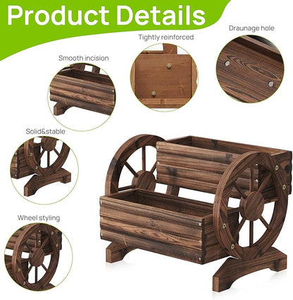 Wooden Wagon Planter Wooden Flower Cart with Wheels Outdoor Garden Planter, Decor Planter for Patio Balcony Decoration Succulent Flower Pot for Indoor Backyard Balcon planters (Carbonized)