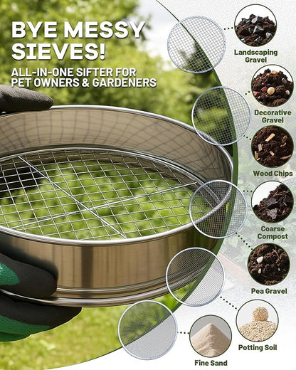 5-in-1 Soil Sifter Set with 5 Replaceable Stainless Steel Mesh Screen & Shovel (1/8" to 1/2"), Soil Sifter for Soils, Compost, Bonsai, Cat Litter and More（11-5/8" Diameter）