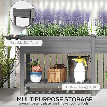 Outsunny Raised Garden Bed, Wood Elevated Planter Box with Side Table, Bottom Shelf, Outdoor Raised Planter with Bed Liners, Drainage Holes for Vegetable Flower, 81.5 x 23 x 31 in, Gray