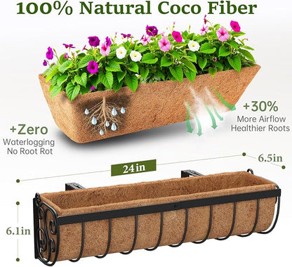 Railing Planter Boxes, 24 Inch Window Boxes Planters, Balcony Planters with Adjustable Brackets & Coco Liner & Support Rod for Outdoor Fence, Deck, Porch, and Patio Gardening, 2 Pack