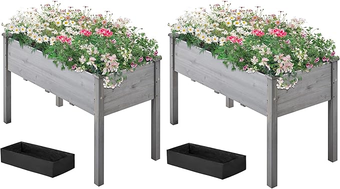 Topeakmart Elevated Planter Bed Outdoor, Wooden Raised Garden Bed, Rectangle Raised Bed with Stable Structure Wooden Garden Box Standing Planter for Garden/Patio/Backyard/Outdoor,2pcs