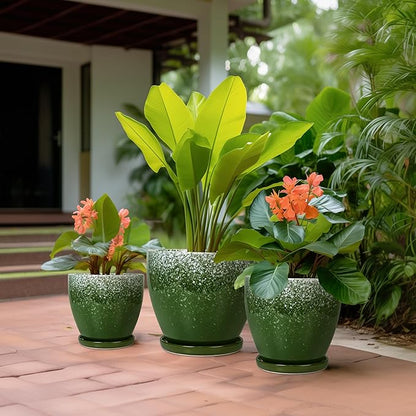 Ceramic Planters 3 Pack - 10 Inch 8 Inch 6 Inch Plant Pots for Indoor Outdoor, Round Decorative Flower Pots with Drainage Holes and Saucers, Garden Home Decor, Gift for Women Men, Green