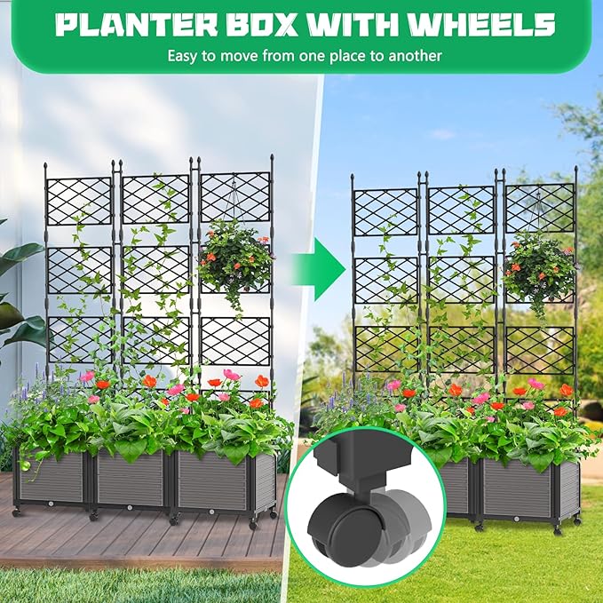 DoCred 63" H Raised Garden Bed Planter Box with Trellis, Floorstanding Vertical Horticulture Planter Box Tomato Cage with Wheels for Vine Climbing Plants, Flowers, Herbs