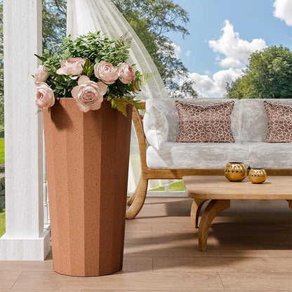 23.6" Tall Outdoor Planters Set of 2, Large Planters for Outdoor Plants for Porch Decor with Drainage Hole, Wide Stripe Design Porch Flower Pots for Indoor Pot Patio/Garden, Terracotta