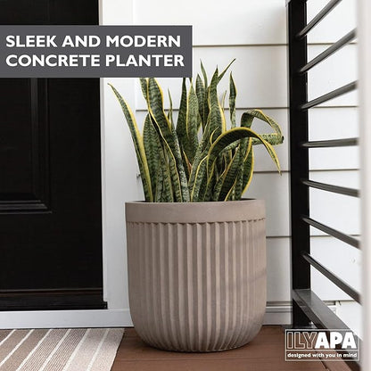 Ilyapa 14x14 inch Fluted Large Modern Concrete Outdoor Planter, Large Indoor Plant Pot with Drainage - 14 Inch Pots for Plants, Indoor/Outdoor