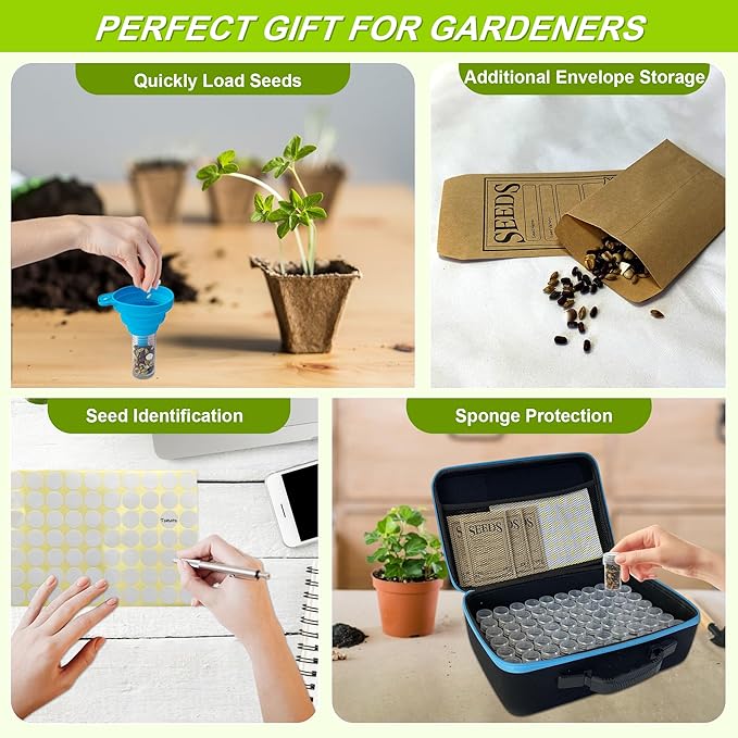 140 Slots Seed Storage Organizer Box with 20 Envelopes, Large Capacity Seed Storage Container with Zipper Bag, Label Stickers, Tweezers, Funnel, Garden Seeds Saver Kit for Vegetable, Flower