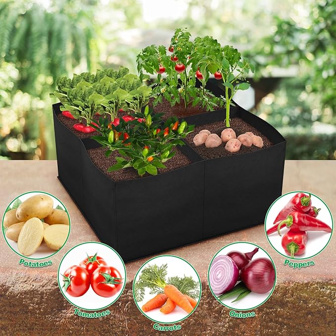Cosmos Plant Grow Bag 4 Grids Raised Garden Beds Breathable Fabric Planters Vegetable Grow Beds Plant Growing Container Bag for Garden Lawn Outdoor Plant Growing, Black