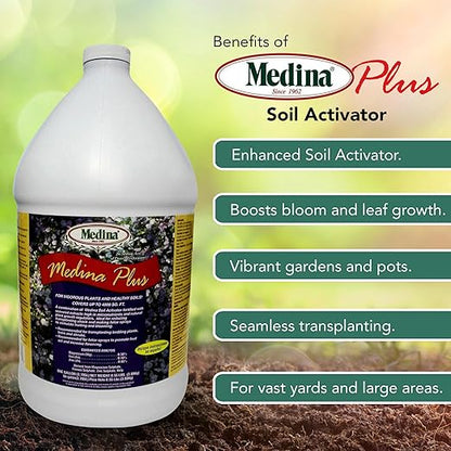 Medina Plus Soil Activator - Liquid Soil Loosener for Lawns & Gardens - Micronutrient-Rich Soil Conditioner & Softener - Used with House Plant Fertilizer, Liquid Plant Food for Houseplants - 1 Gal